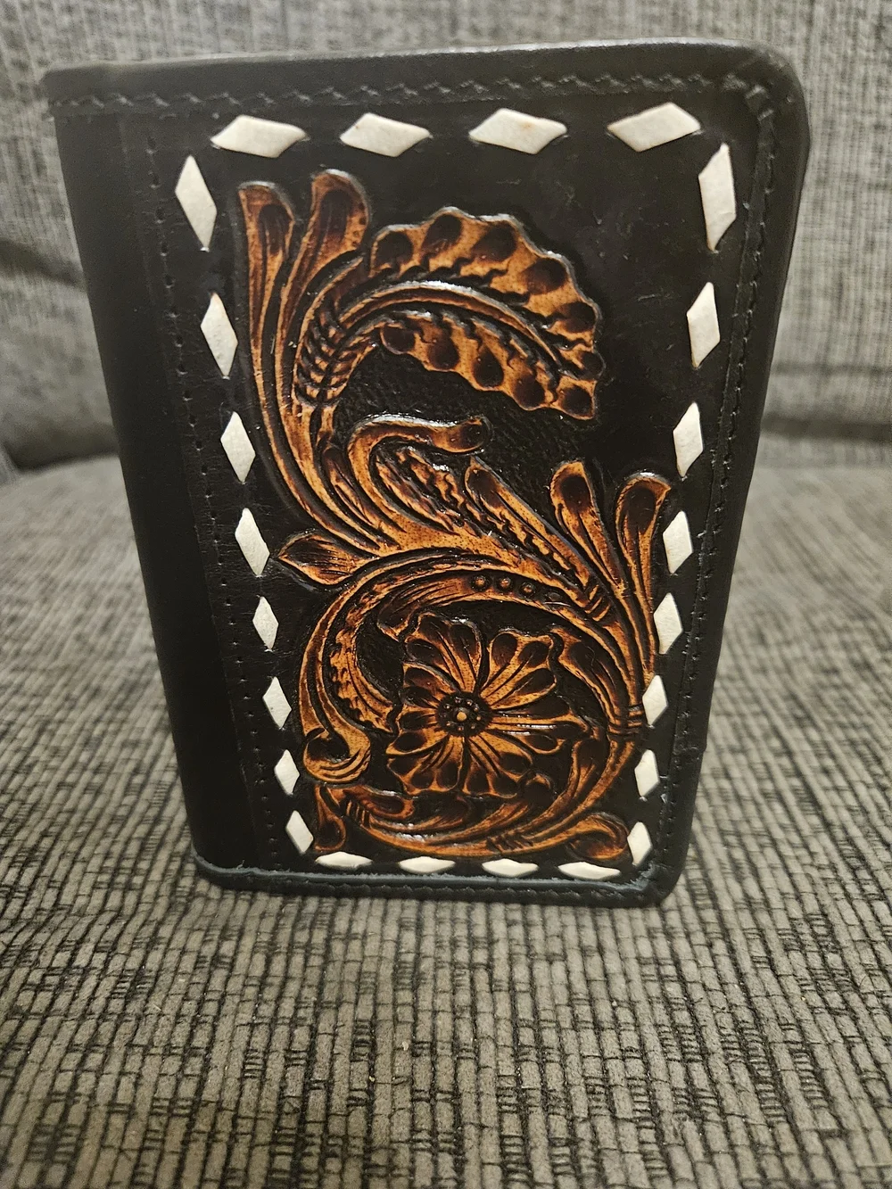 Hand-Tooled Black Leather Wallet with Brown Floral Accent